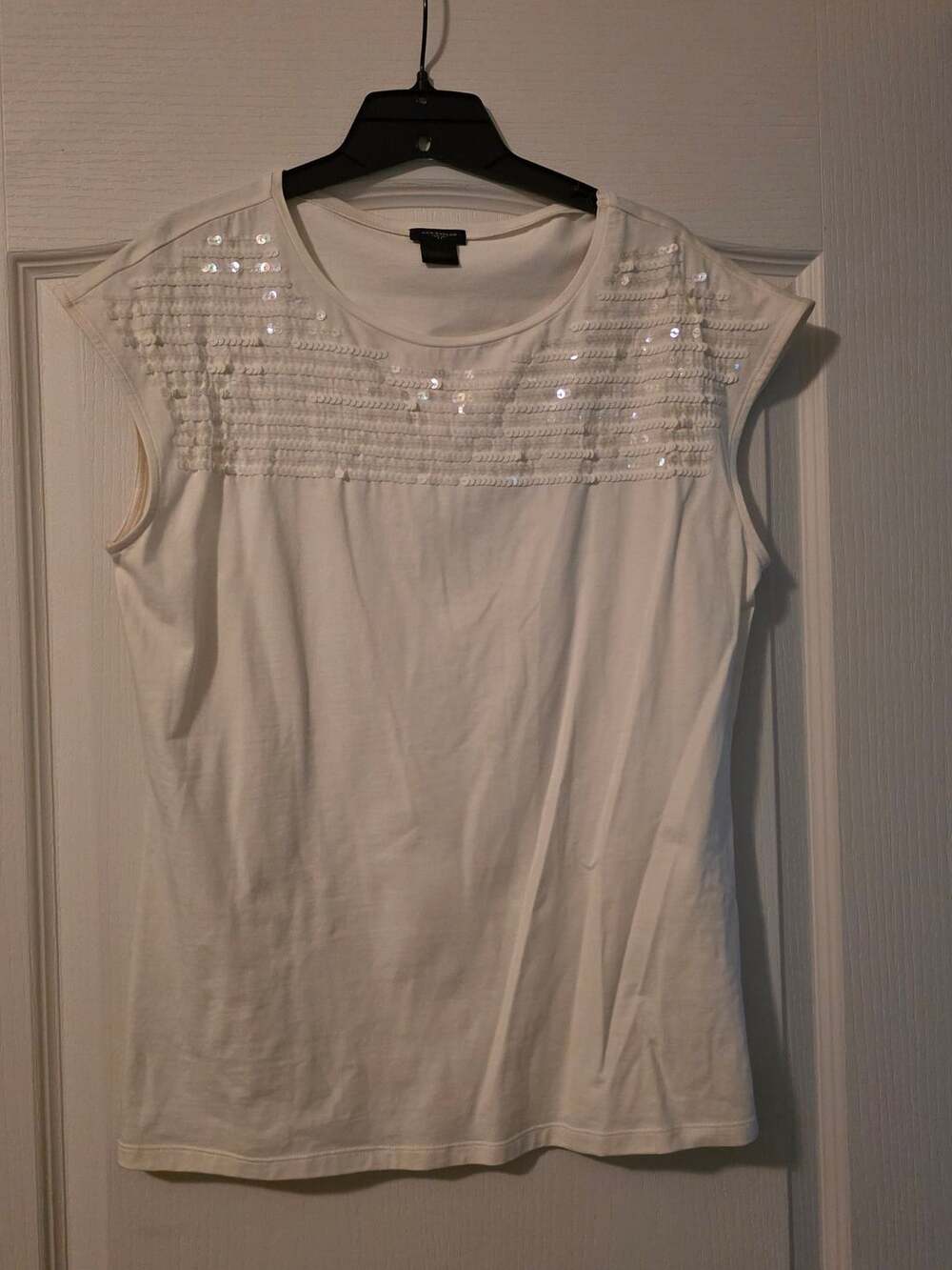 Ann Taylor White Cap Sleeve Sequin Front T-Shirt Top Large
